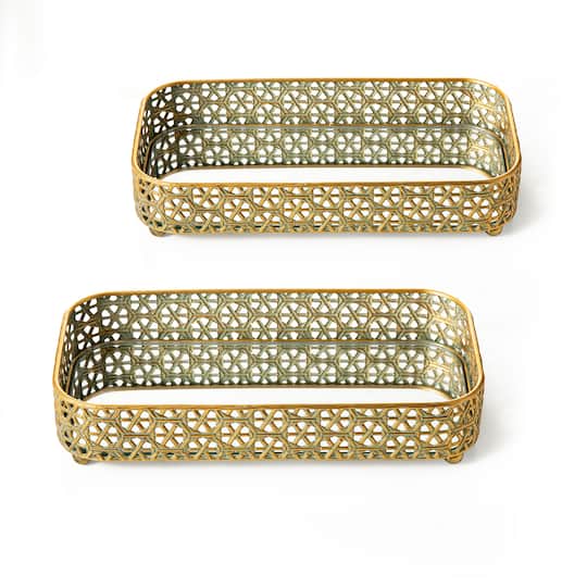Glitzhome® Gold Rectangle Metal Mirrored Decorative Trays Set